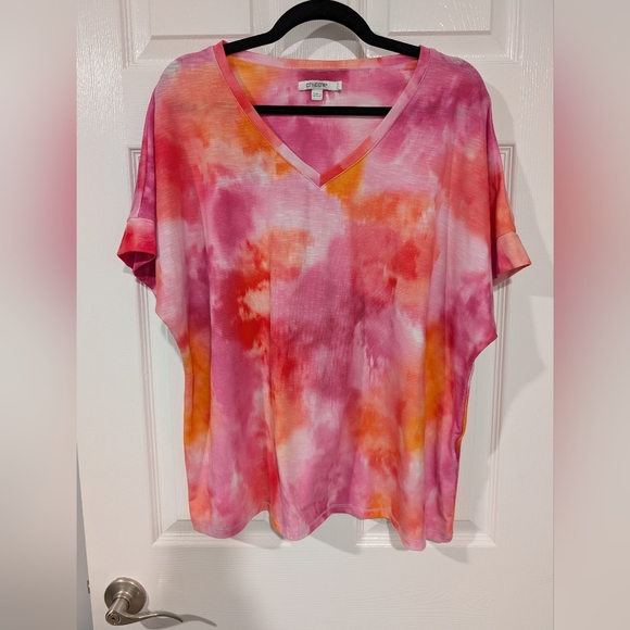 Chico's Pink and Orange Tie-Dye V-Neck Short Sleeve Shirt in Size 3 (XL) - Picture 1 of 7